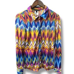 BCBGMaxazria Women's Large Long Sleeve Stretch Button Up Top Shirt Multicolored